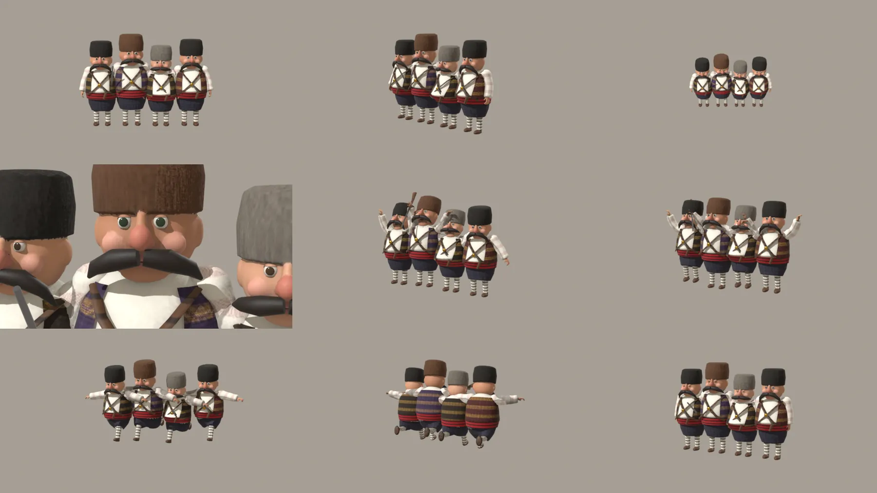 Pose sheet of the haiduti, a group character of four moustached men in fur hats, white shirts with crossed straps and striped sashes, shown from the front, from behind, from the side and in a close-up of their faces.
