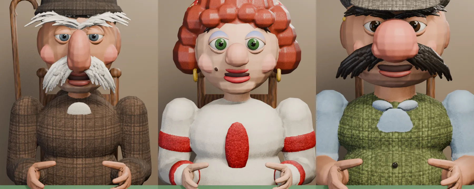 Three 3D character renders side by side, close up and seated: a man with a white moustache and bushy eyebrows in a flat cap and brown knit jumper, a woman with a red curly updo, gold earrings and an embroidered white blouse with red details, and a man with a black moustache in a flat cap and a green tweed waistcoat.