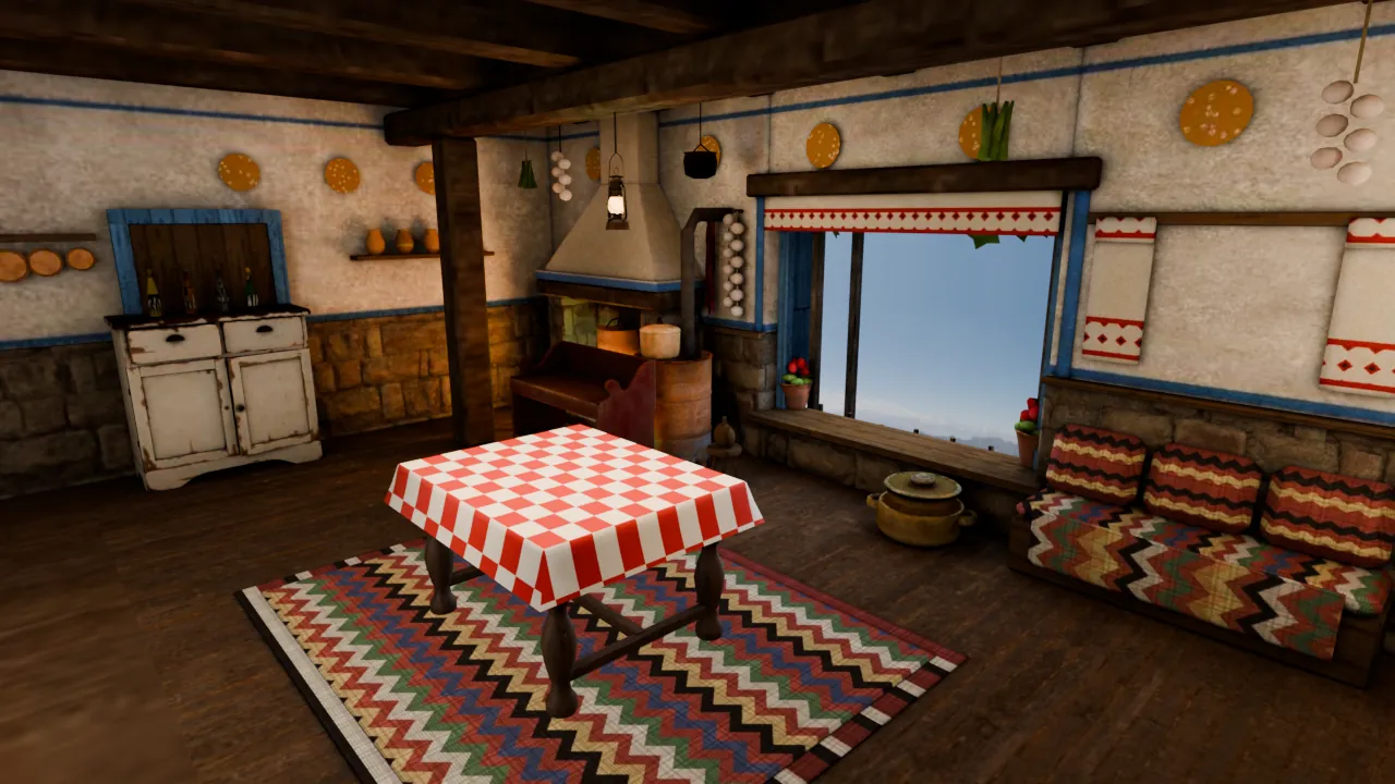 The card table in its room: a square table with a red and white checked cloth on a striped rug, a corner hearth, a cabinet, a bright window, a clay pot on the floor and a bench with woven cushions.