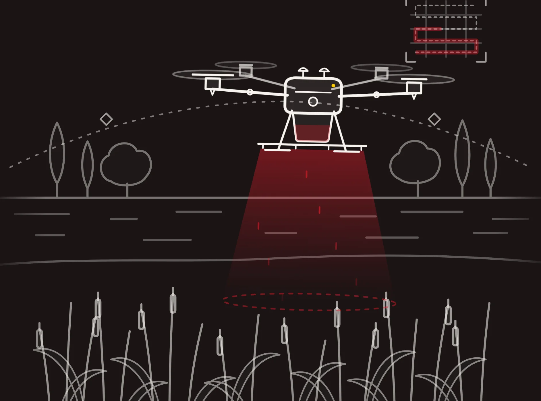 White line illustration on a dark panel: a drone hovers over reeds above a wetland, a red cone of spray falls below it, mosquitoes hover at the right and a dashed red target frame sits at the top.