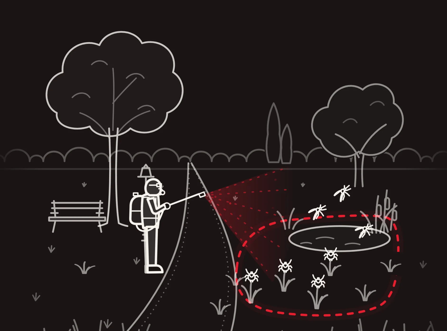 White line illustration of a park: two trees, a bench and a figure in protective clothing spraying along a path toward a pond circled by a dashed red line, with mosquitoes and ticks around it.