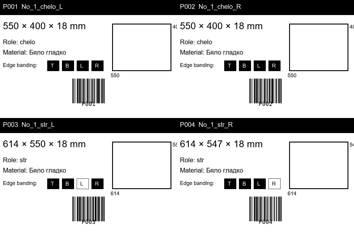 A two by two grid of four black and white parcel-style labels for cabinet panels. Each has a black header with a part code, large dimensions in millimetres, role and material lines, four squares marked T, B, L and R showing which edges are banded, a small rectangle diagram and a barcode.
