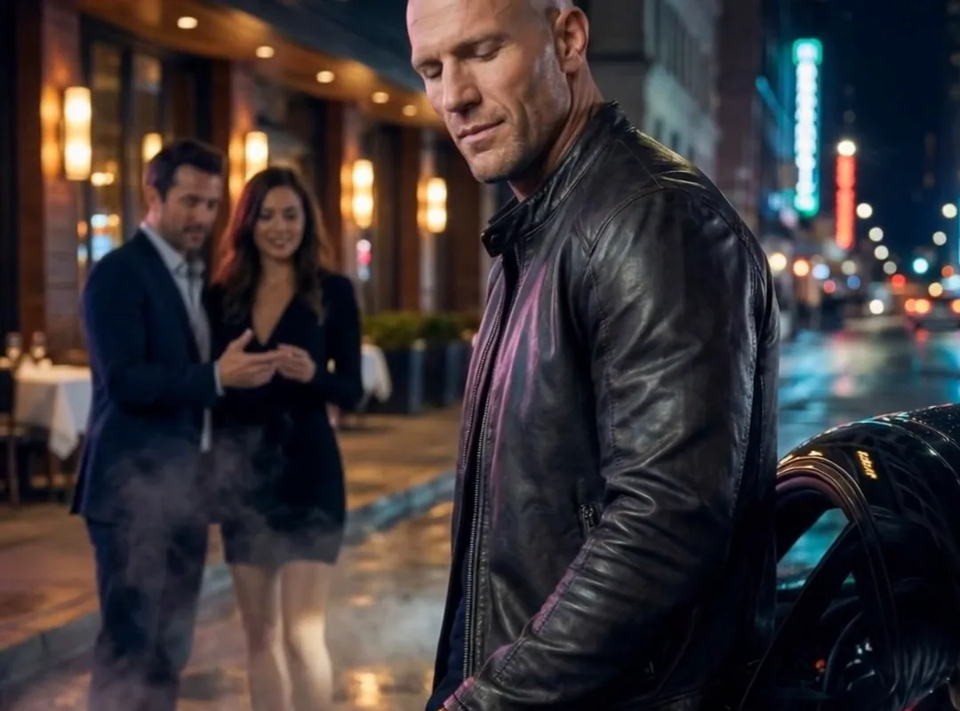 The bald man in the black leather jacket tilts his head down with a half smile to look at his wristwatch, beside a dark car on the wet night street. A man and a woman stand blurred in the background under warm restaurant lights. AI generated.