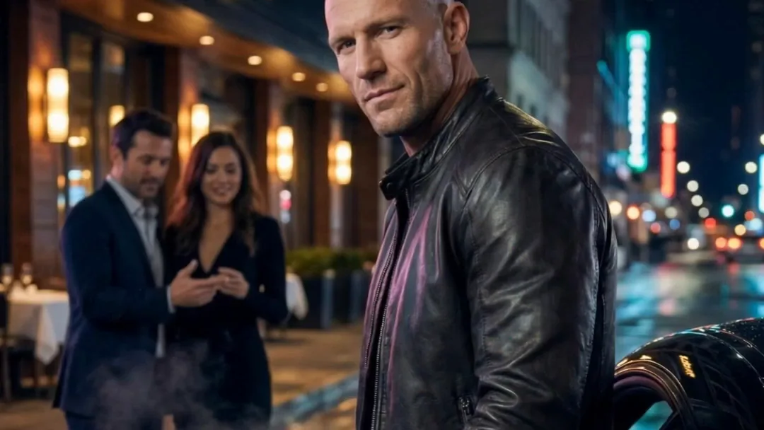 Wide crop of a bald man in a black leather jacket leaning on a dark car on a wet night street, looking into the camera, with a man and a woman out of focus behind him. AI generated.