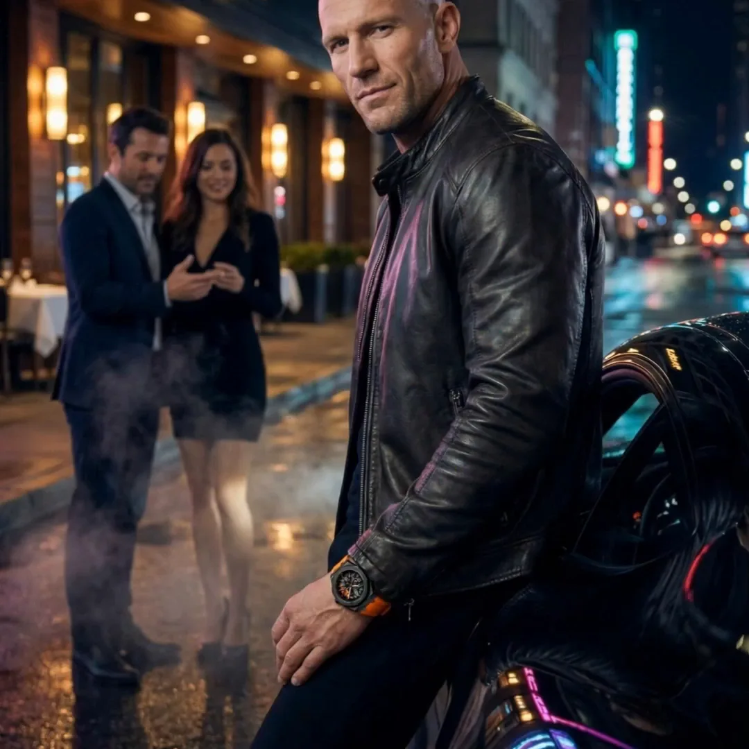 A bald, square-jawed man in a black leather jacket leans against the wheel arch of a dark car on a wet night street, an orange and black watch on his wrist, looking into the camera with a half smile. Behind him, out of focus, a man in a navy suit and a woman in a black dress look at a phone. Every person in the frame is AI generated.
