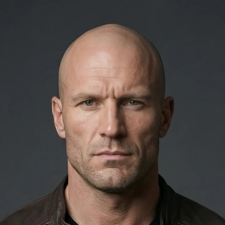 Square crop of the AI-generated character portrait, framed on the head and shoulders of the bald man in a leather jacket against a dark grey background.
