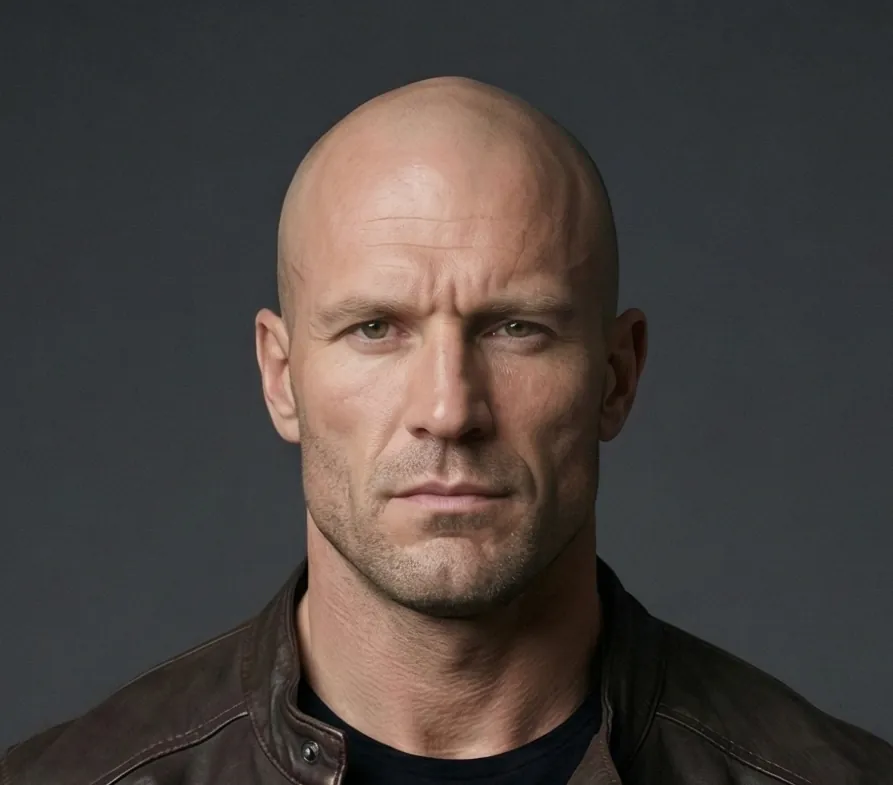 AI-generated character portrait: a bald, square-jawed man with a stern expression and light stubble, wearing a dark brown leather jacket over a black shirt, in front of a plain dark grey background.