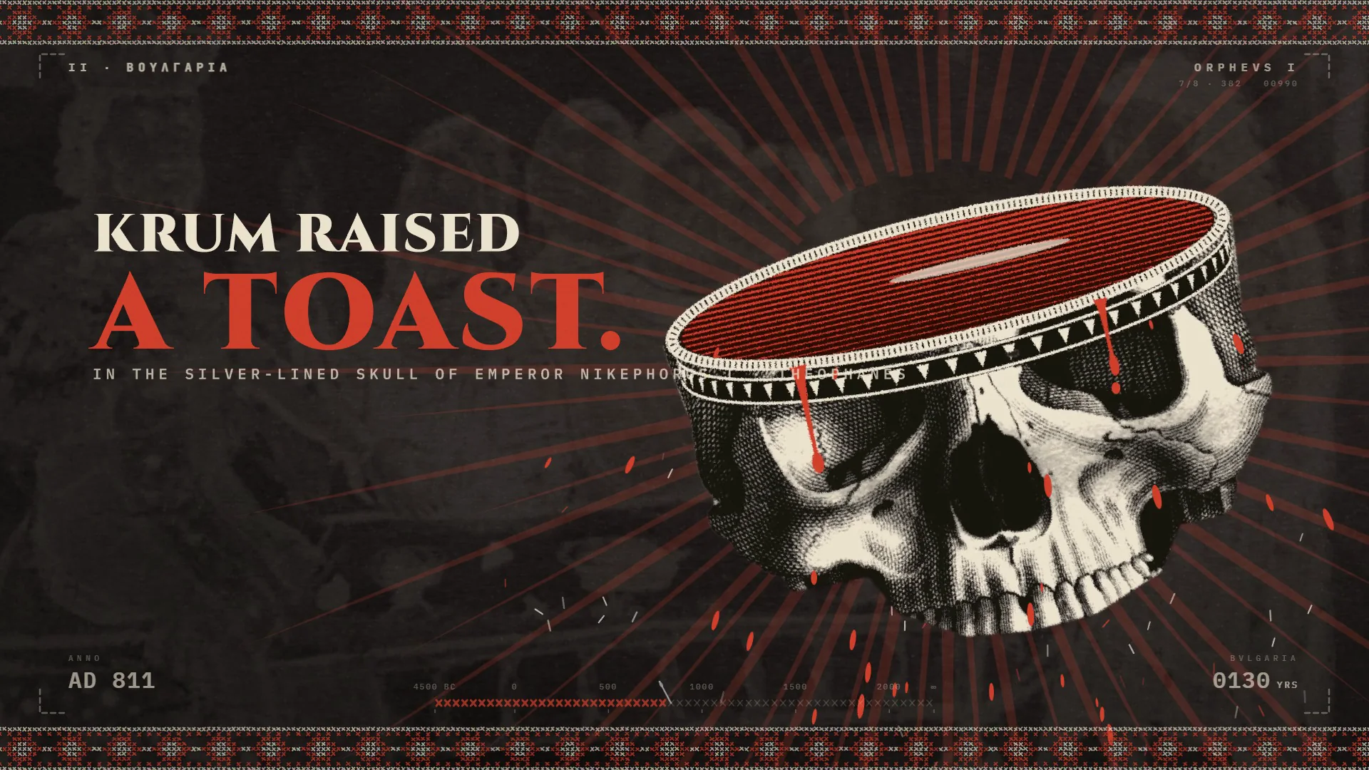 ORPHEUS frame: the headline Krum raised a toast in red and white beside an engraved skull cup with a silver rim and a red liquid surface, red rays behind it on a dark ground.