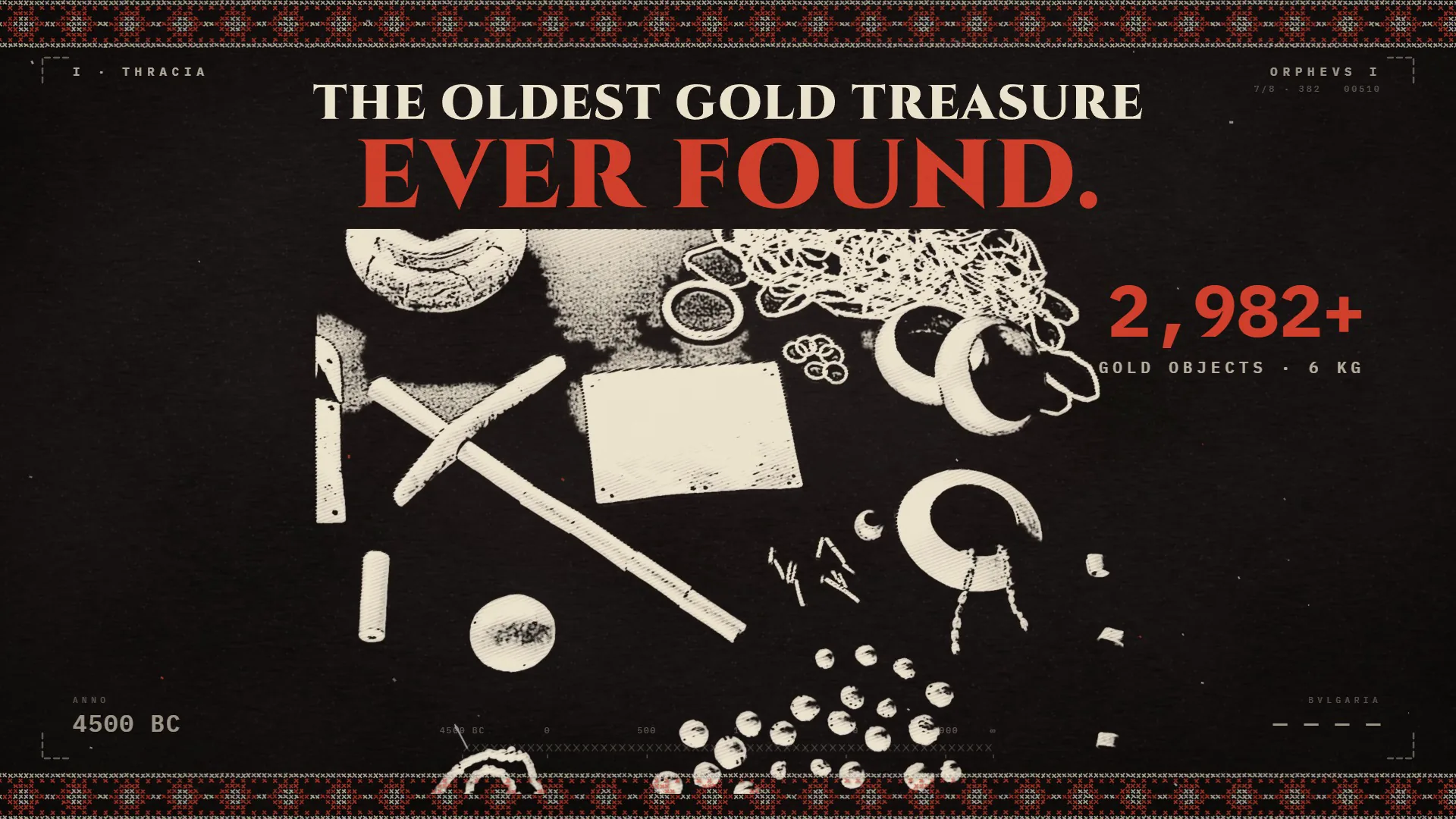 ORPHEUS frame: the oldest gold treasure ever found, drawn as white gold objects spread over a black ground with a counter reading 2,982 plus.