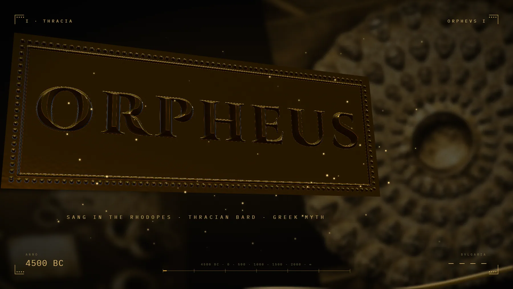 ORPHEUS title card in the gold repousse treatment: embossed lettering on a studded bronze plate, small gold sparks and a dark blurred ornamental disc behind.