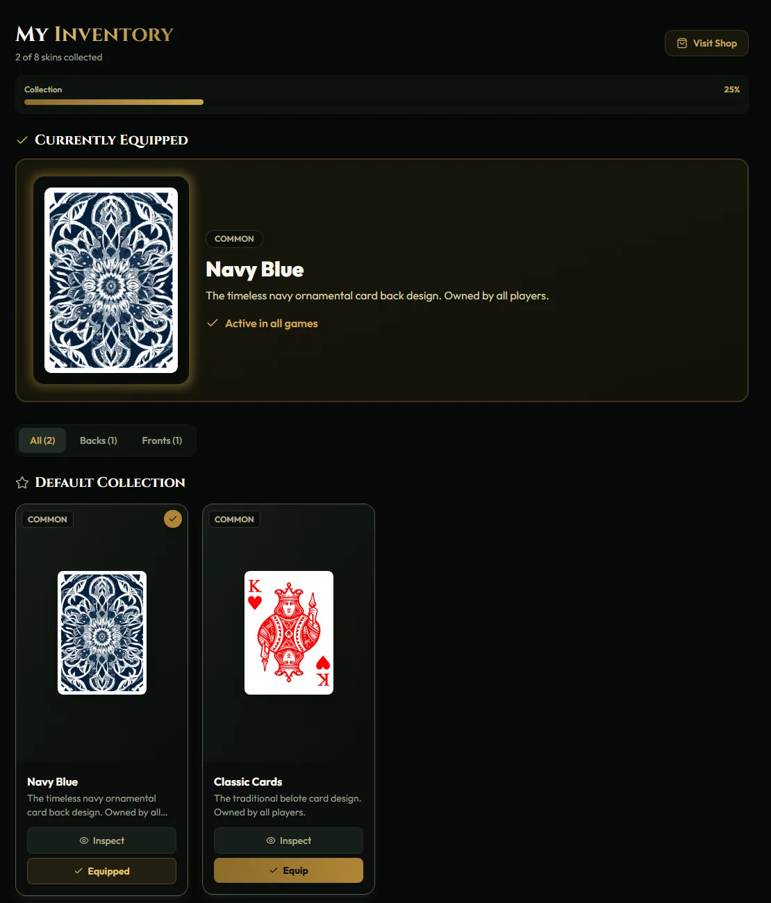 The card skin inventory: the equipped Navy Blue card back shown large, a collection bar at 25 percent and two owned skins, Navy Blue and Classic Cards.