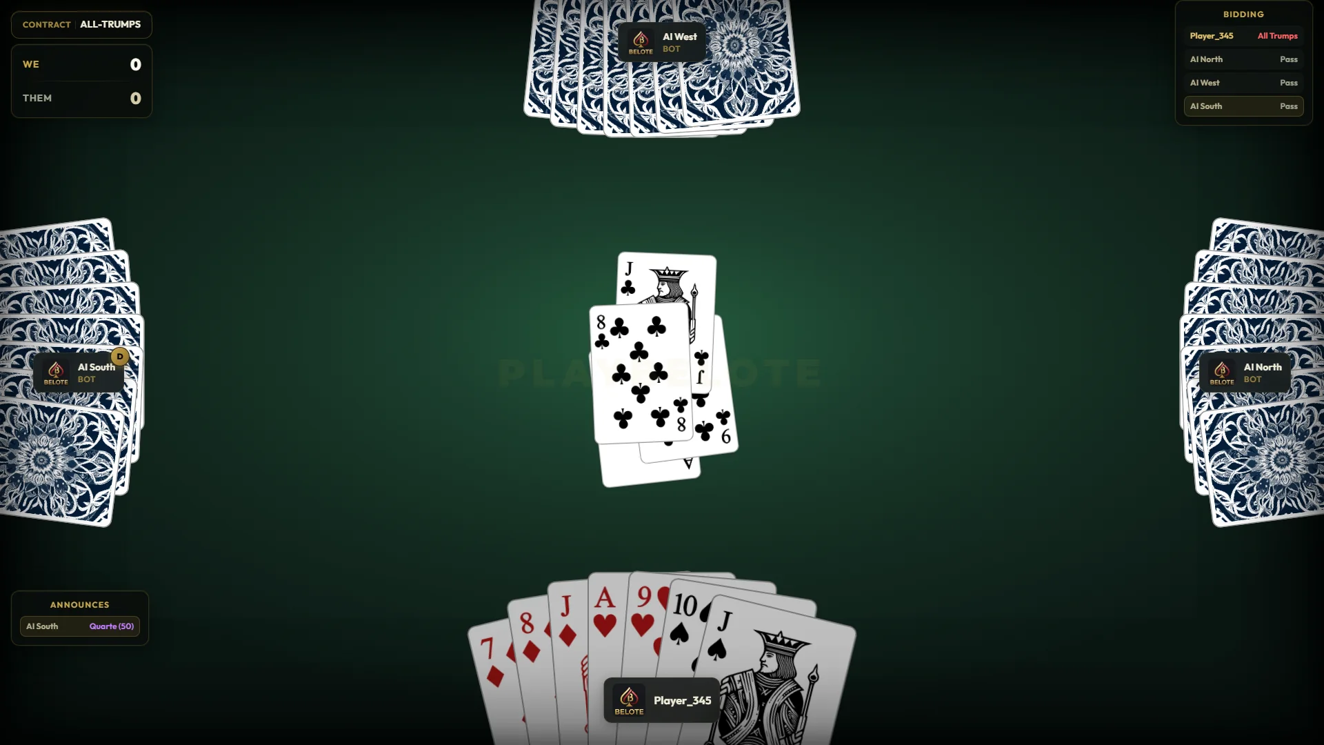 A trick of clubs in the middle of a PlayBelote table, with the three bots' hands around it, the player's hand along the bottom and a Quarte announcement at the lower left.
