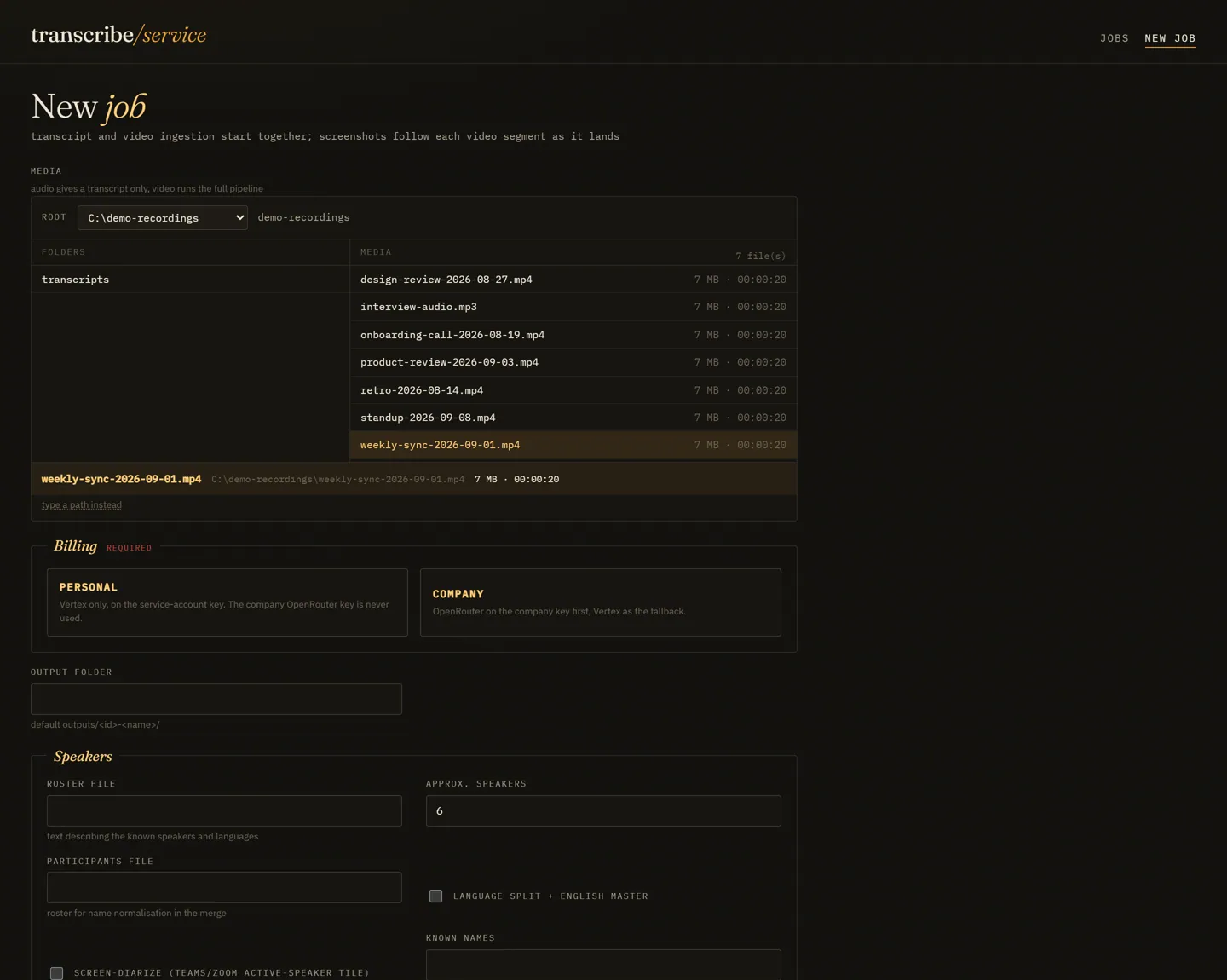 New job form: a media browser over a demo recordings folder with seven files, a choice between personal and company billing, an output folder and speaker settings.