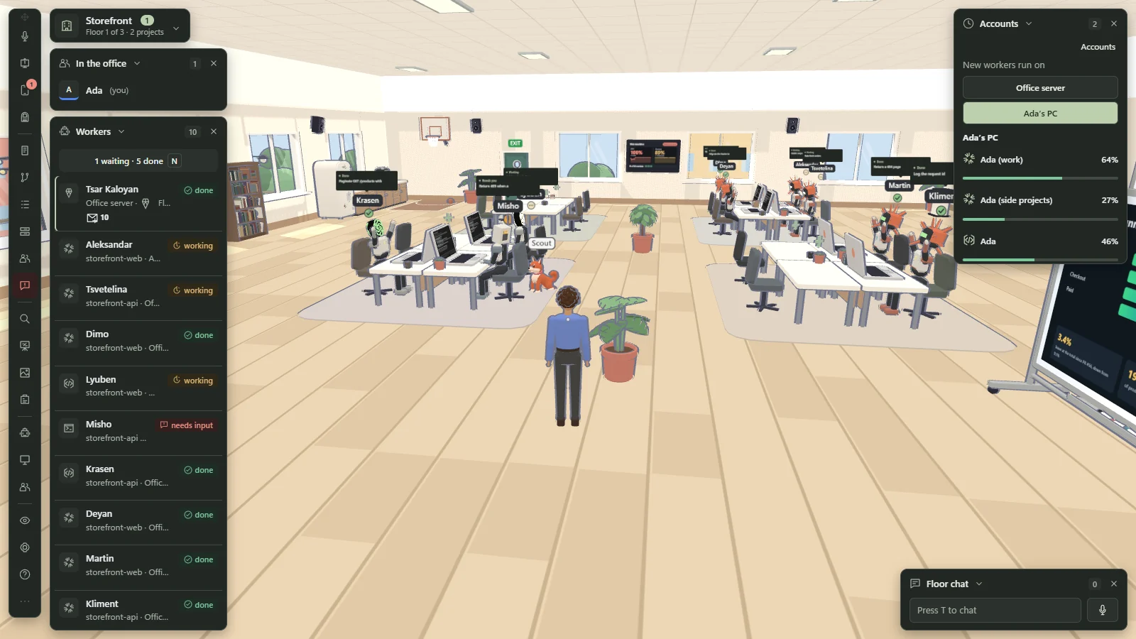 The office floor with an Accounts panel open at the upper right: New workers run on Office server or Ada's PC, with Ada's PC chosen, and three Claude and Codex accounts of that computer with weekly usage bars. The worker list fills the left edge and the avatar stands among the desks.