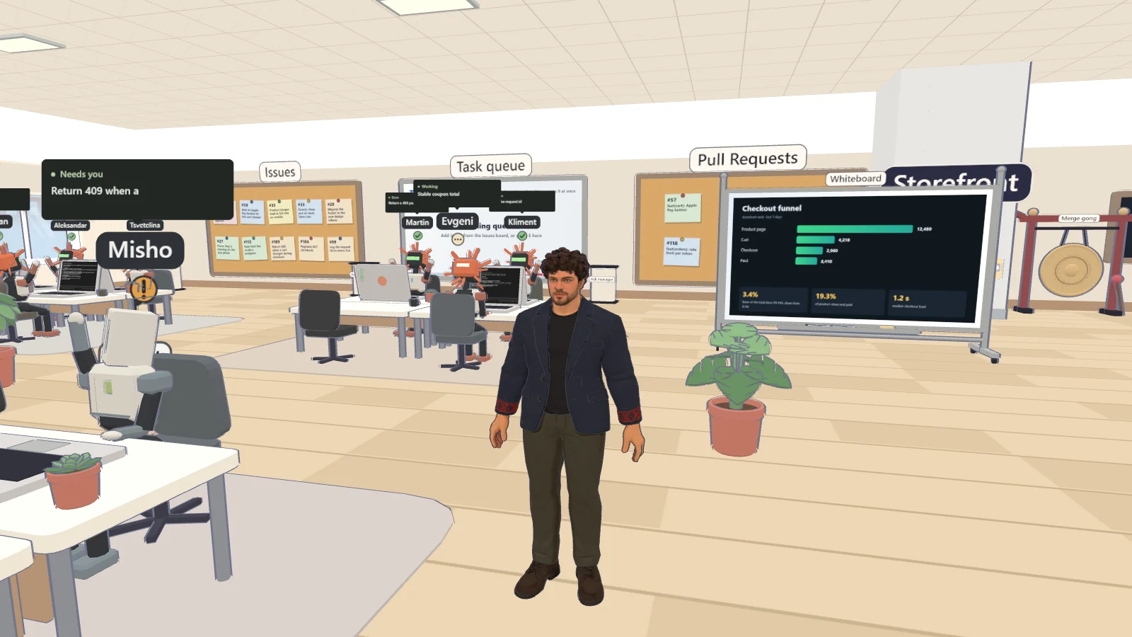 Third-person view of the author's own 3D avatar standing on the open office floor: a man with dark curly hair and a short beard in a navy blazer with red embroidered cuffs, a black shirt and olive trousers. Behind him are desks with coding agent workers under name labels, the issues board, the task queue, a pull requests board, a whiteboard showing a checkout funnel chart, a potted plant and a gong.