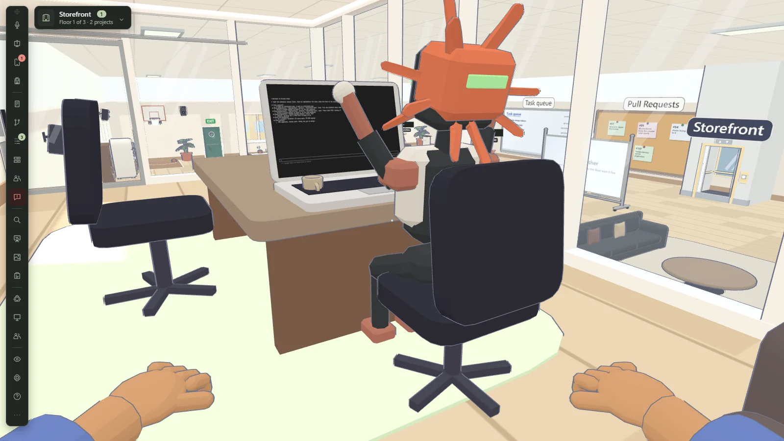 Over the shoulder of the floor manager, a worker figure with an orange spiked head seated at the boss's desk in front of a laptop that shows terminal text. Through the glass wall behind it are the open floor, a Task queue board, a Pull Requests board, a lounge sofa and a lift marked Storefront, and two empty chairs face the desk.