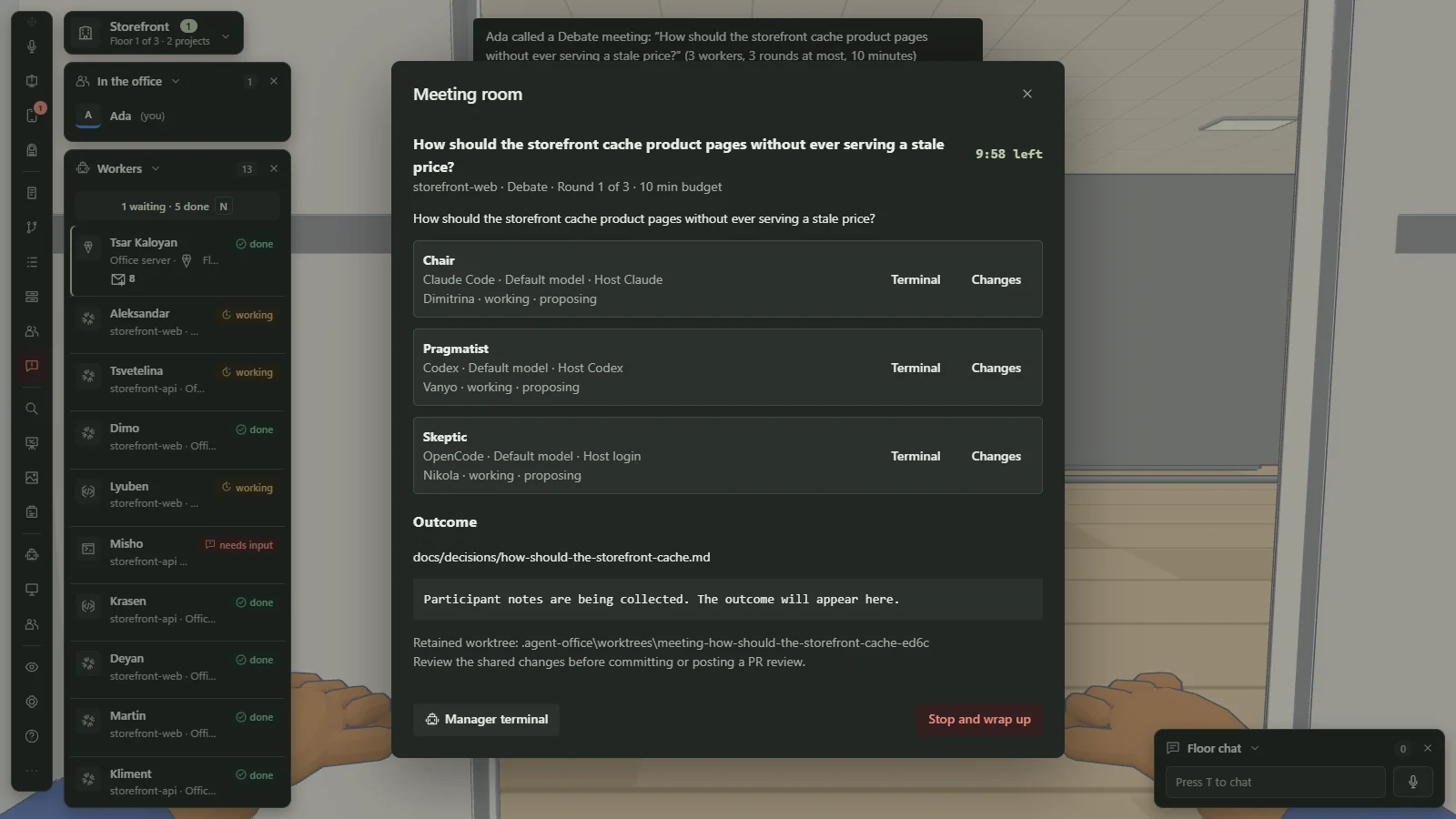A Meeting room dialog over the office for a Debate on how a storefront should cache product pages without ever serving a stale price: a countdown, round 1 of 3 and three participants, a Chair on Claude Code, a Pragmatist on Codex and a Skeptic on OpenCode, each working and proposing. An outcome file path sits below and a Stop and wrap up button at the lower right.