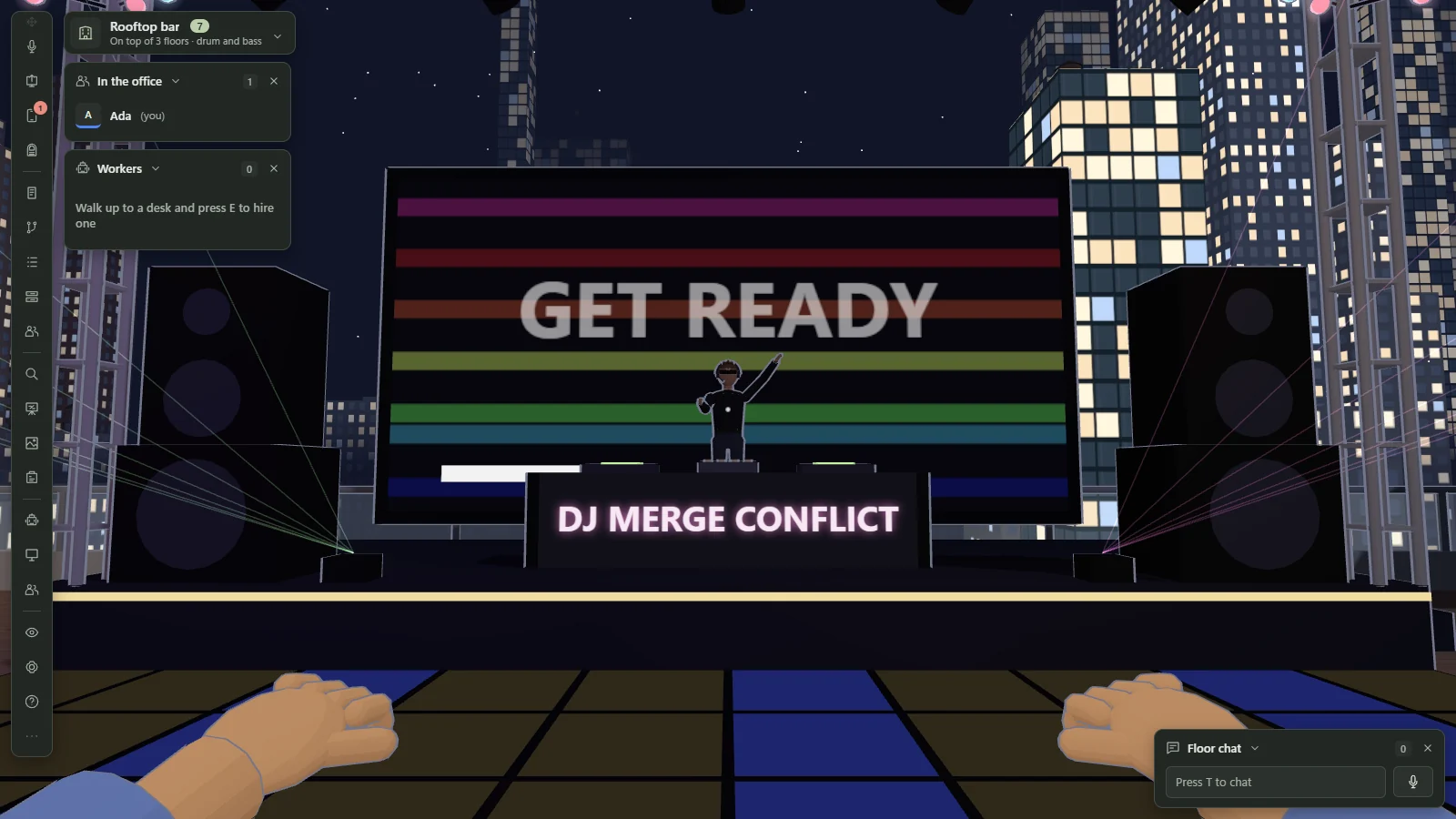 The rooftop stage at night: a large LED screen reads GET READY over coloured bars, a DJ stands at a booth labelled DJ MERGE CONFLICT, loudspeaker stacks and laser lines frame the stage, and city towers with lit windows rise behind it over a tiled dance floor.