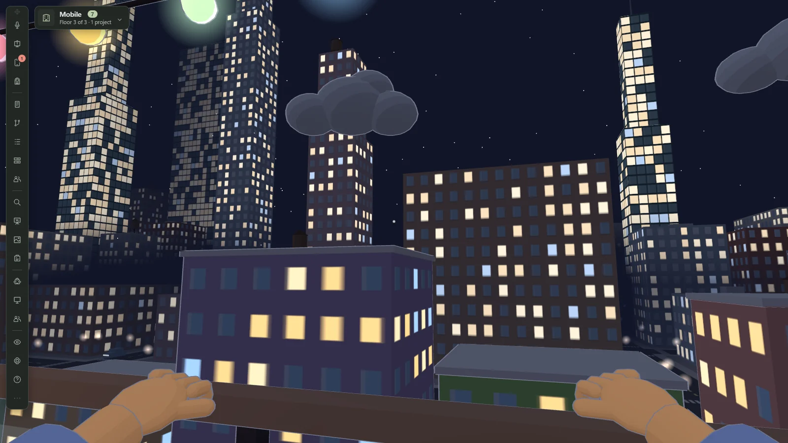 Night view over a stylised 3D city from the third floor, labelled Mobile: lit towers of many heights, a grey cloud and a railing across the bottom under a dark starry sky.