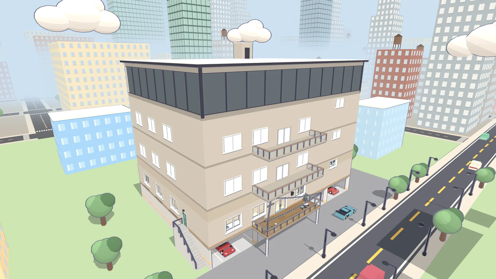 The Valox Office tower seen from outside in a stylised city: a four-storey beige building with balconies and terraces, a dark glass band along the top, a lift housing on the roof and a garage with parked cars at ground level, on a tree-lined street among pastel skyscrapers.