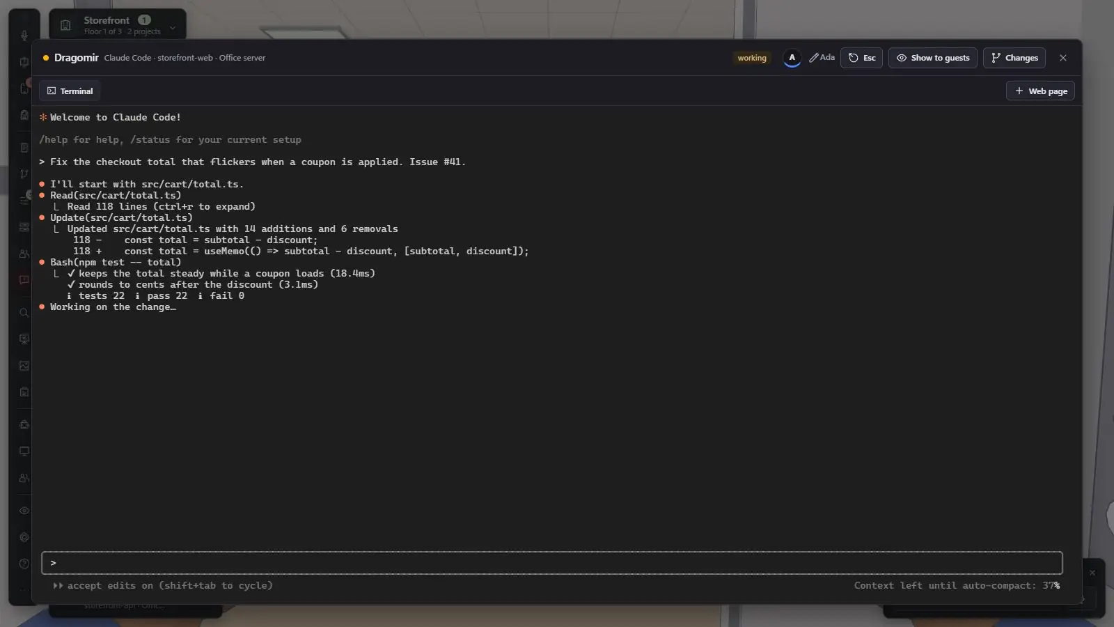 Animated clip of about six and a half seconds: a worker's terminal window for Dragomir on Claude Code, storefront-web, Office server. Three new prompt lines arrive under a finished test run, the status badge changes from working to done and the last line reads Task finished, all 22 tests pass.