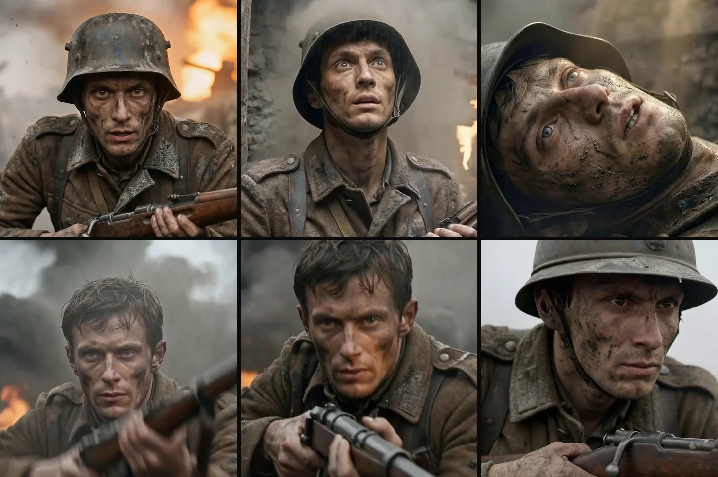 Six AI-generated frames of one fictional Bulgarian infantry soldier, called Ivan The Defender in the tool, from six different shots of a Doiran documentary ad: crouched in a trench doorway in front of a fire, looking up in a dim bunker, lying wounded on his back, charging with a rifle, aiming at the camera with wet hair, and wearing a French style helmet in grey light. The lean face, pale eyes and mud stay the same in every frame.