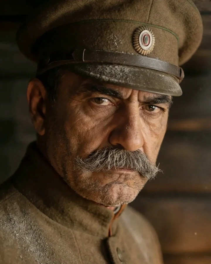 Close-up AI-generated portrait of General Vazov in a khaki peaked cap with a cockade, heavy brows, deep lines and a thick grey moustache, lit warmly against dark timber.
